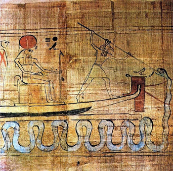 ᴷhᵊphaꞋō serpent snake speared by Set fm Ra sun boat (Cairo Museum)